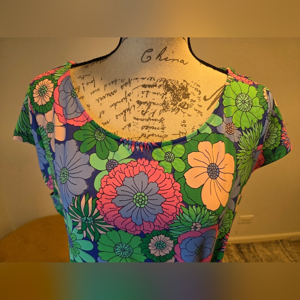 Talbots Vibrant Floral Midi Dress in Green Blue and Blue, Size XL. - Picture 5 of 14